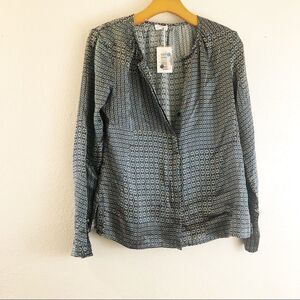 Ecru 100% silk long sleeve printed blue and yellow Blouse size XS